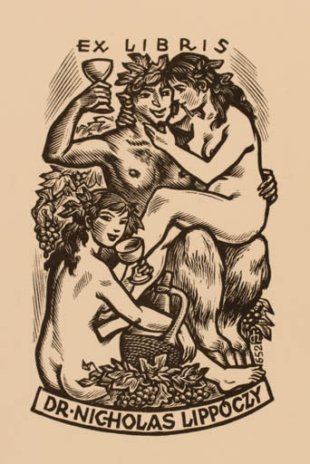 Exlibris by Istvàn Drahos from Hungary for Dr. Nicholas Lippoczy - Erotica Woman Wine 