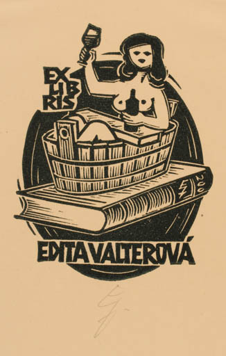 Exlibris by Erhard Zierold from Germany for E Valter - Book Woman Wine 