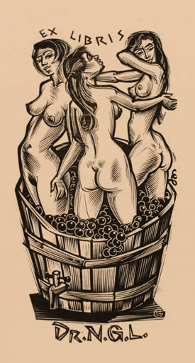 Exlibris by Gerard Gaudaen from Belgium for Dr. Nicholas Lippoczy - Woman Wine 