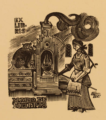 Exlibris by E. Terechov from Russia for Mario de Filippis - Cat Woman Food 