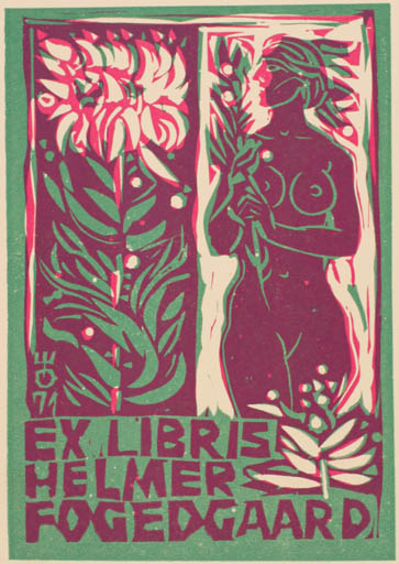 Exlibris by Evald Okas from Estonia for Helmer Fogedgaard - Flower Woman Nude 