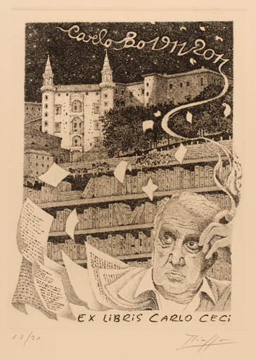 Exlibris by Vincenzo Piazza from Italy for Carlo Ceci - Castle/Palace Portrait 