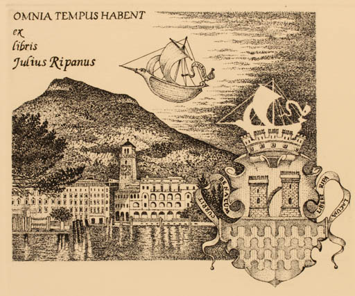 Exlibris by Vincenzo Piazza from Italy for Julius Ripanus - Mountain City Ship/Boat 