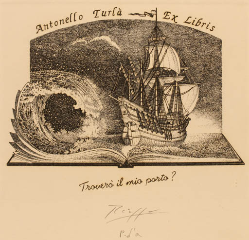 Exlibris by Vincenzo Piazza from Italy for Antonello Turlá - Maritime Ship/Boat 