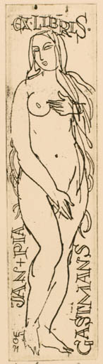 Exlibris by Evald Okas from Estonia for Jan og Pia Gastmans - Woman Nude 