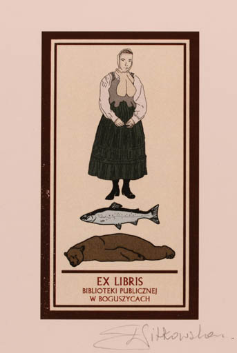 Exlibris by Ewa Witkowska from Poland for W. Boguszycach Biblioteki Publicznej - Fauna Fish Woman 