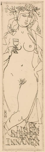 Exlibris by Evald Okas from Estonia for Sirkka Innanen - Woman Nude Wine 