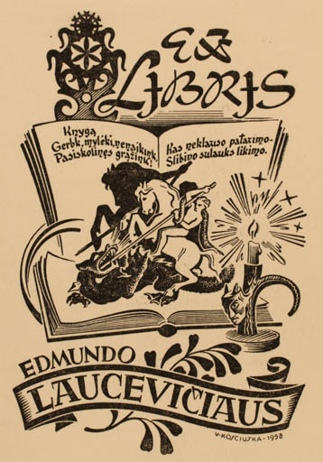 Exlibris by Vaclovas Kosciuska from Lithuania for Edmundo Laucevi´ciaus - Book Horse Horseman/Rider Sct.G. and the Dragon 