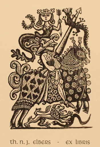 Exlibris by Zdenek Mezl from Czech Republic for Theo N. J. Elbers - Fauna Horse Knight Sct.G. and the Dragon 