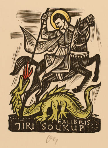 Exlibris by   from Germany for Ing. Jiri Soukup - Fable Animal Horse Knight Sct.G. and the Dragon 