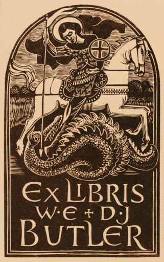 Exlibris by Reg Boulton from Great Britain for Prof. William Ettler Butler - Fable Animal Horse Knight Sct.G. and the Dragon 