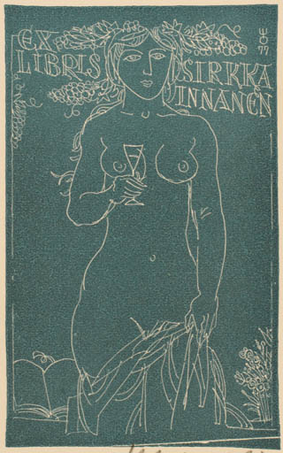 Exlibris by Evald Okas from Estonia for Sirkka Innanen - Woman Nude Wine 