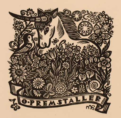 Exlibris by Maria Bauer from Germany for ? ? - Flower Unicorn Bird 