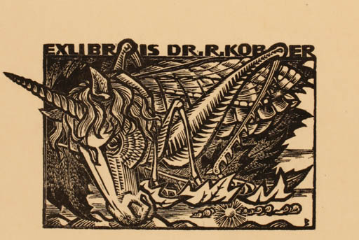 Exlibris by Gerhard Beyer from Germany for Dr. R. Kober - Unicorn Fable Animal Insect 