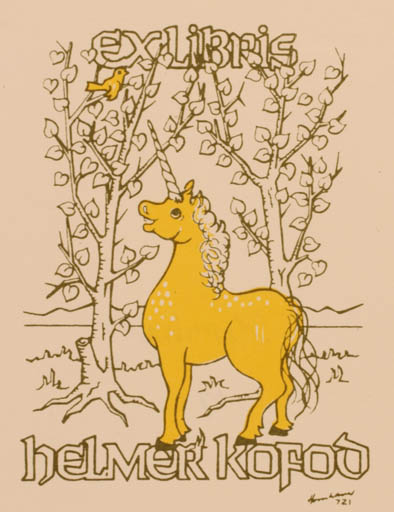 Exlibris by Hans Chr. Hornhaver from Denmark for Helmer Kofod - Unicorn Fable Animal 