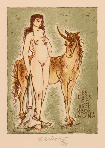 Exlibris by Bohumil Kratky from Czech Republic for Lubor Lacina - Unicorn Fable Animal Woman Nude 