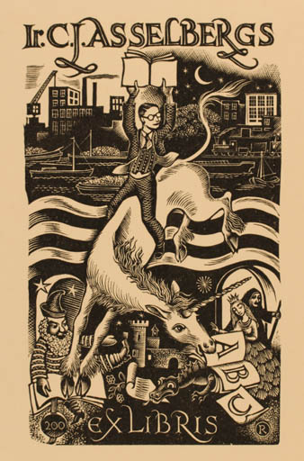 Exlibris by Pam Georg Rueter from Netherland for Ir. C. J. Asselbergs - Unicorn Fable Animal 