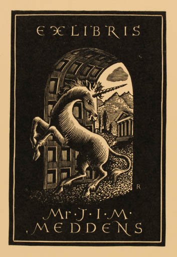 Exlibris by Pam Georg Rueter from Netherland for J. I. M. Meddens - Unicorn Fable Animal 