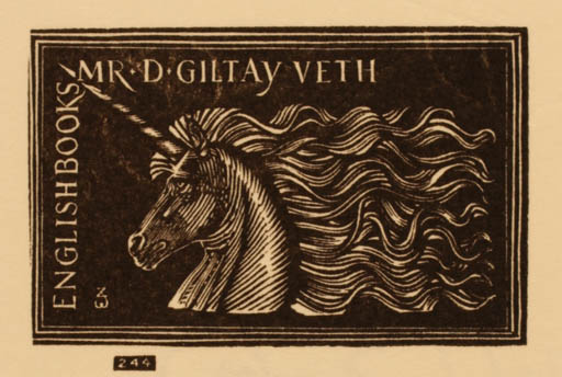 Exlibris by Wim Zwiers from Netherland for Dr. D. Giltay Veth - Unicorn Fable Animal 