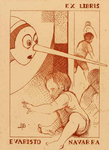 Exlibris by Allesandro Berra from Italy for Evaristo Navarra - Child Fairytale/fable 