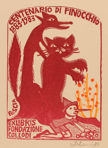 Exlibris by Maria Elisa Leboroni from Italy for Fondazione Nazionale Carlo Collodi - Fairytale/fable Fauna 