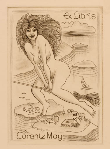 Exlibris by Fritz Kühn from Germany for Lorentz May - Fairytale/fable Woman Nude 