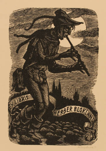 Exlibris by Vojtech Cinybulk from Czech Republic for Herber Blokland - Fairytale/fable Fauna Man Music 