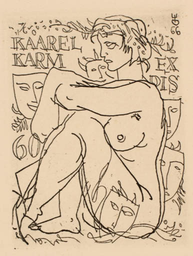 Exlibris by Evald Okas from Estonia for Kaarel Karm - Woman Nude Theater/Cirkus 