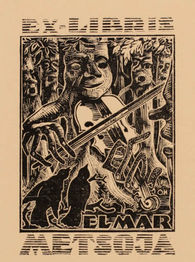 Exlibris by Johannes Juhansoo from Estonia for Elmar Metsoja - Fairytale/fable Bird Music Forest 