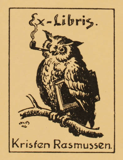 Exlibris by H. C. Bärenholdt from Denmark for Kristen Rasmussen - Owl 