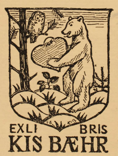 Exlibris by H. C. Bärenholdt from Denmark for Kis Bæhr - Fauna Owl 