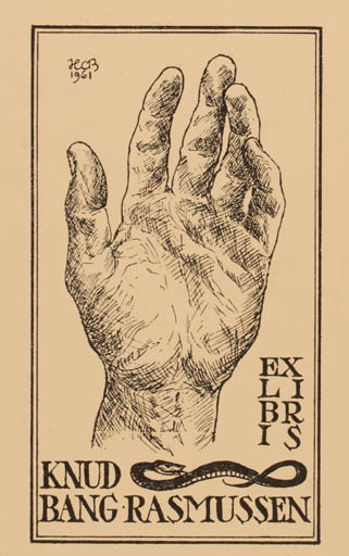 Exlibris by H. C. Bärenholdt from Denmark for Knud Bang Rasmussen - Hand(s) 