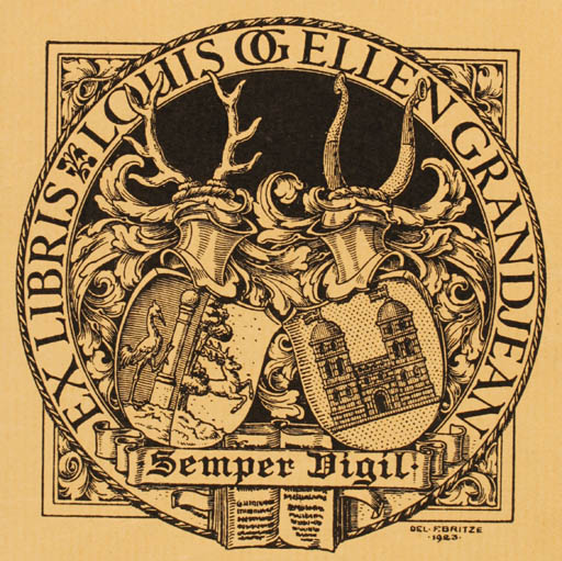 Exlibris by Friedrich Britze from Denmark for Louis og Ellen Grandjean - Heraldry 