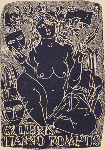 Exlibris by Evald Okas from Estonia for Hanno Kompus - Flora Woman Nude Theater/Cirkus 