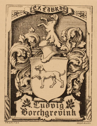 Exlibris by Friedrich Britze from Denmark for Ludvig Borrhgrevink - Heraldry 