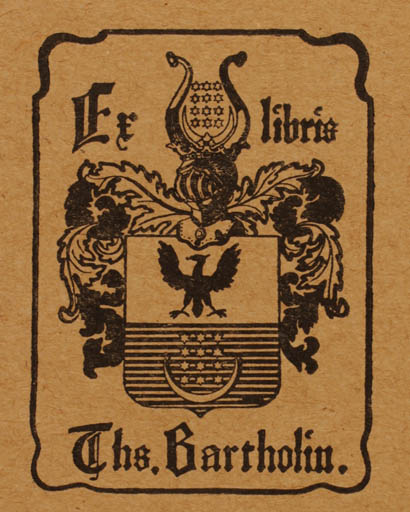 Exlibris by Johannes Britze from Denmark for Ths. Bartholin - Heraldry 