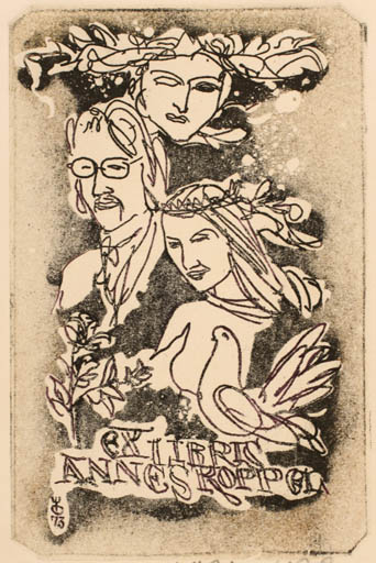 Exlibris by Evald Okas from Estonia for Annes Koppel - Bird Couple Portrait Theater/Cirkus 