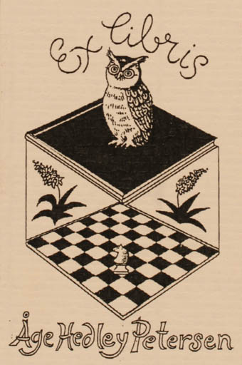 Exlibris by Fleur Brofos Asmussen from Denmark for Åge Hedley Petersen - Sport/game Owl 