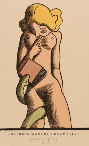 Exlibris by Egbert Herfurth from Germany for Manfred Baumüller - Book Fauna Woman Nude 