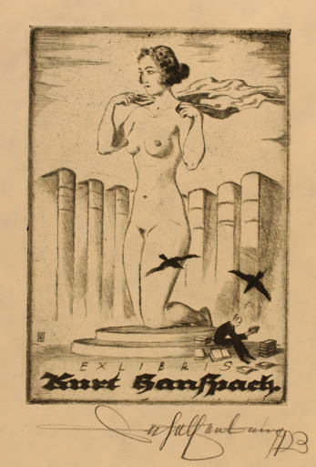 Exlibris by Walter Helfenbein from Germany for Kurt Ganspach - Book Woman Nude 