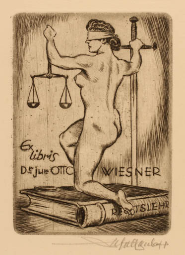 Exlibris by Walter Helfenbein from Germany for Otto Wiesner - Book Law Woman Nude 