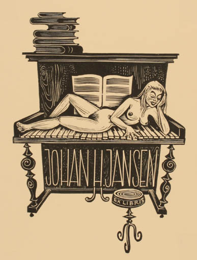 Exlibris by Gerard Gaudaen from Belgium for Johan H. A. Jansen - Book Woman Music Nude 