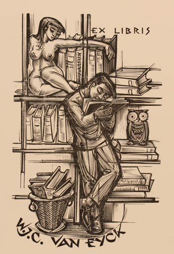 Exlibris by   from Belgium for W. J. C. Van Eyck - Book Woman Nude Couple Owl 