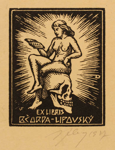 Exlibris by Victor Fleissig from Czechoslovakia for ? Lipovský - Book Death Woman Nude 