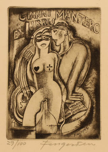 Exlibris by Michael Fingesten from Germany for ? ? - Book Woman Nude Couple 