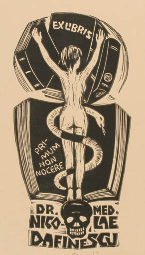 Exlibris by Dafinel Duinea from Romania for Nicolae Dafinescj - Book Death Woman Nude 