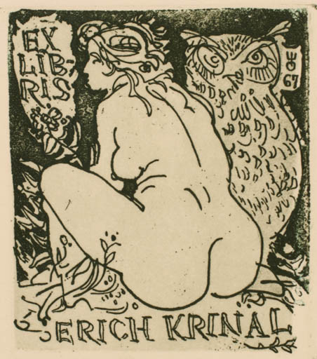 Exlibris by Evald Okas from Estonia for Erich Krinal - Woman Nude Owl 