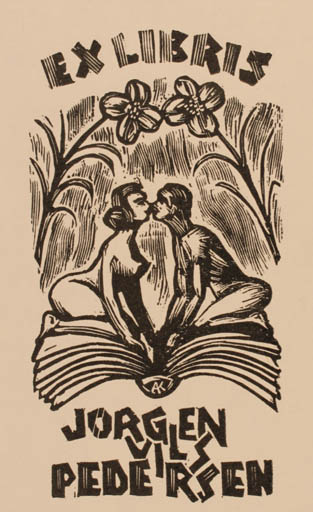 Exlibris by Kàroly Andrusko from Yugoslavia for Jørgen Vils Pedersen - Flower Book Nude Couple 