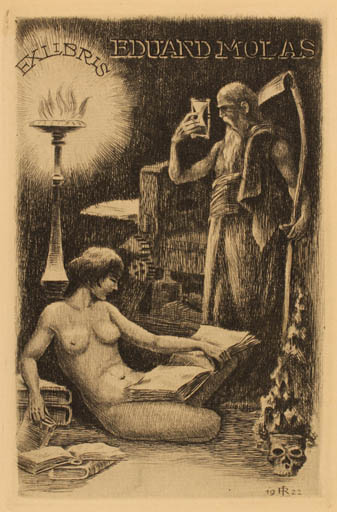 Exlibris by Robert Langbein from Germany for Eduard Molas - Book Death Woman Nude 