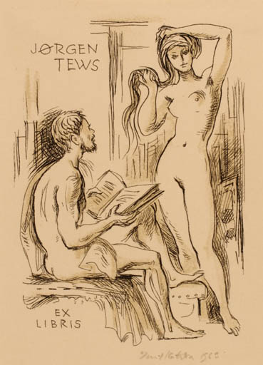 Exlibris by Emil Kotrba from Czechoslovakia for Jørgen Tews - Book Nude Couple 